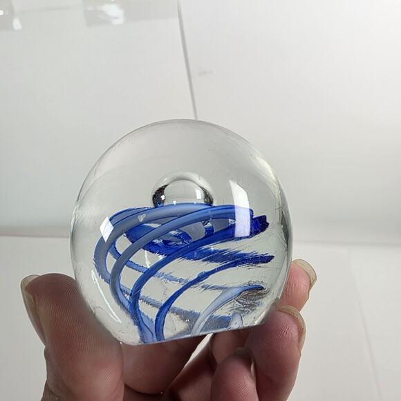 Art Glass Paperweight In Clear with Blue Swirls unsigned desk decretive piece - Picture 5 of 9